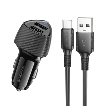Borofone BZ31A Φορτιστής Αυτοκινήτου Solid 2xUSB-A 17W με Καλώδιο USB-A σε USB-C 1m Μαύρος