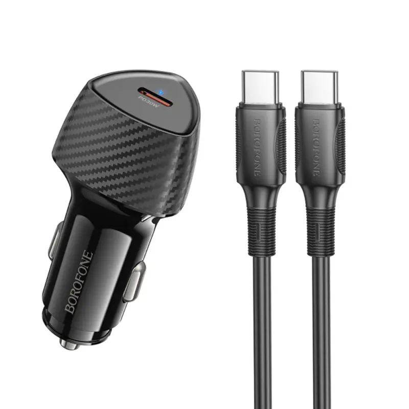 Borofone BZ31B Φορτιστής Αυτοκινήτου Solid USB-C PD30W με Καλώδιο USB-C σε USB-C 1m Μαύρος
