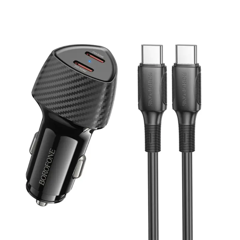 Borofone BZ31D Φορτιστής Αυτοκινήτου Solid 2xUSB-C PD60W με Καλώδιο USB-C σε USB-C 1m Μαύρος