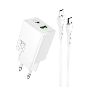 HOCO 220V 30W, GaN, USB-A + USB-C + cable Type-C - Type-C, Nuevo /white/ - N71
