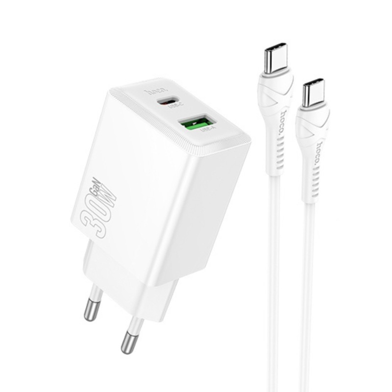 HOCO 220V 30W, GaN, USB-A + USB-C + cable Type-C - Type-C, Nuevo /white/ - N71