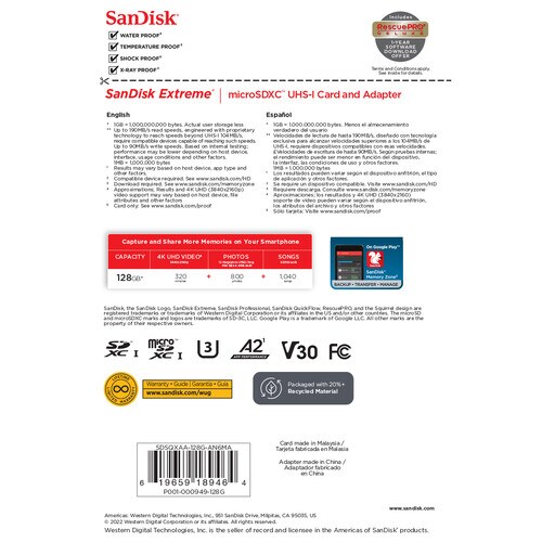 SanDisk microSDXC V30 A2 128GB Extreme 190MB/s V30 UHS-I U3