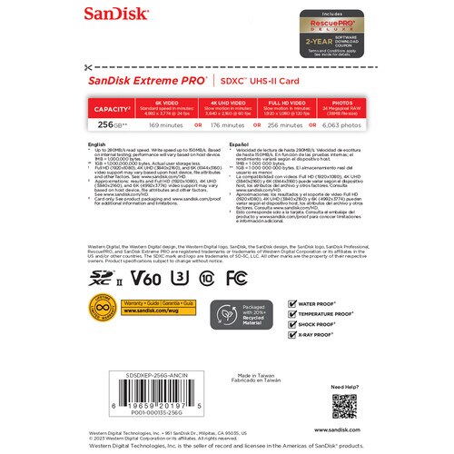 SanDisk Extreme Pro SDXC 256GB UHS-II C10 U3 V60