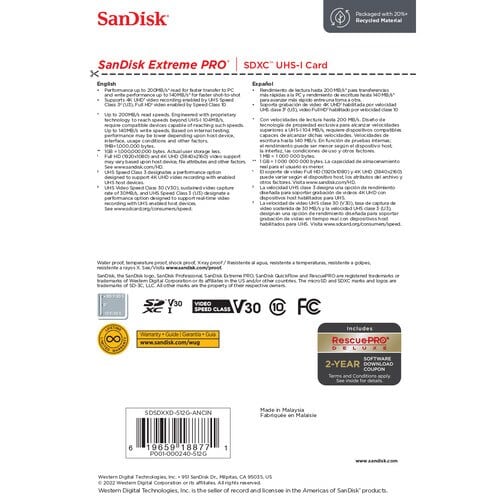 SanDisk Extreme Pro SDXC Card 512GB - 200MB/s V30 UHS-I U3
