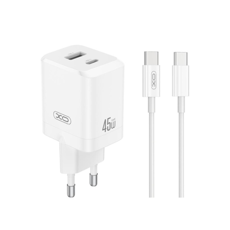 XO CE36 220V 45W, USB-A + USB-C, cable Type-C - Type-C, GaN, EU certificated