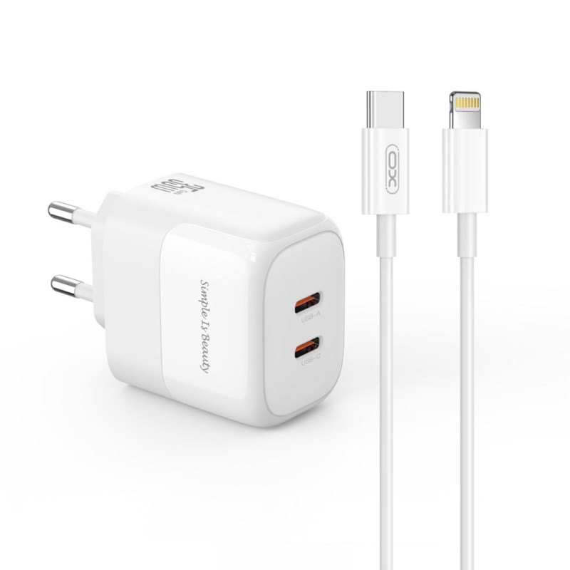 XO L140 220V 35W, 2xUSB-C, cable Type-C - Lightning, GaN Nitride, white