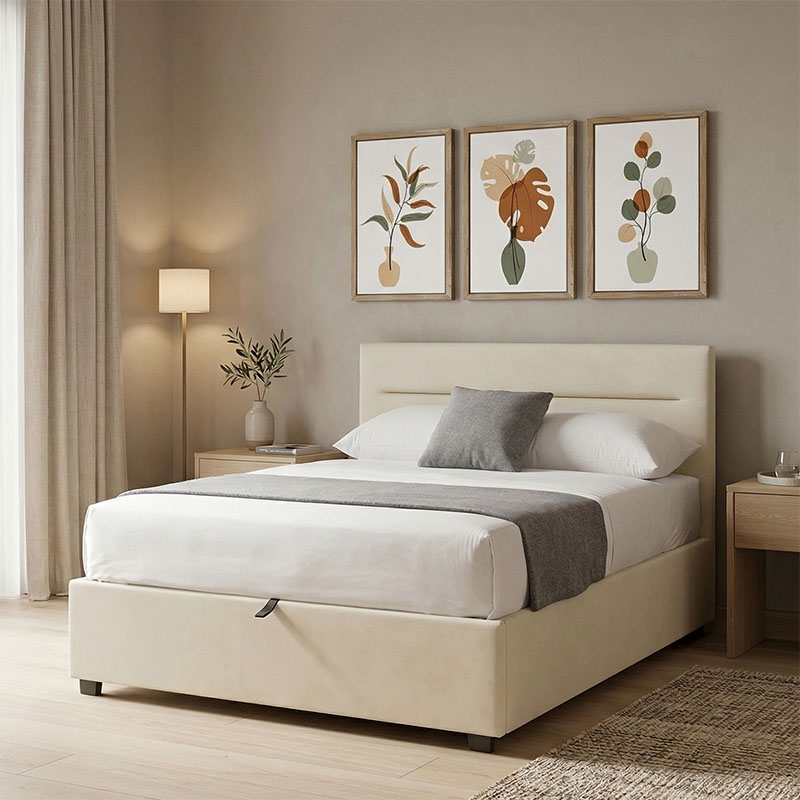 Κρεβάτι Molito pakoworld βελούδο σε εκρού απόχρωση με αποθηκευτικό χώρο120x200εκ
