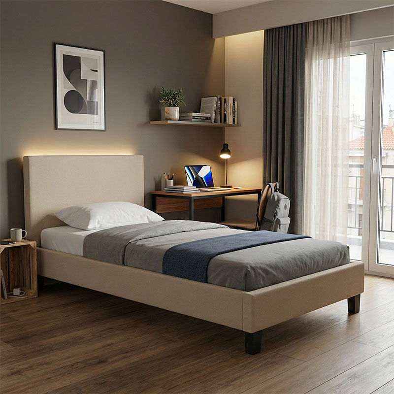 Κρεβάτι Nevil pakoworld ύφασμα εκρού με ξύλινο μαύρο πόδι 90x190εκ