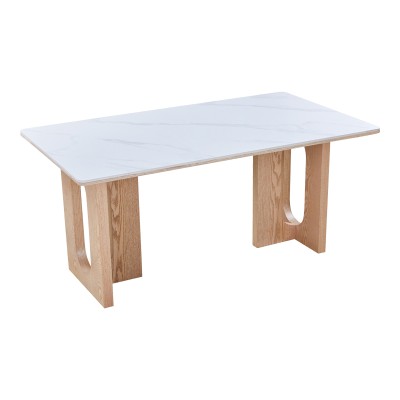 Τραπέζι Benqui pakoworld sintered stone-mdf σε λευκό μαρμάρου με βάση σε φυσική απόχρωση 160x90x75εκ