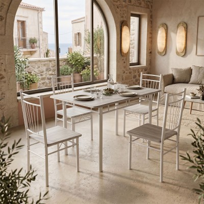 Τραπεζαρία Roza pakoworld σετ 5τμχ mdf sonoma με μεταλλικό λευκό πόδι 120x65x75εκ