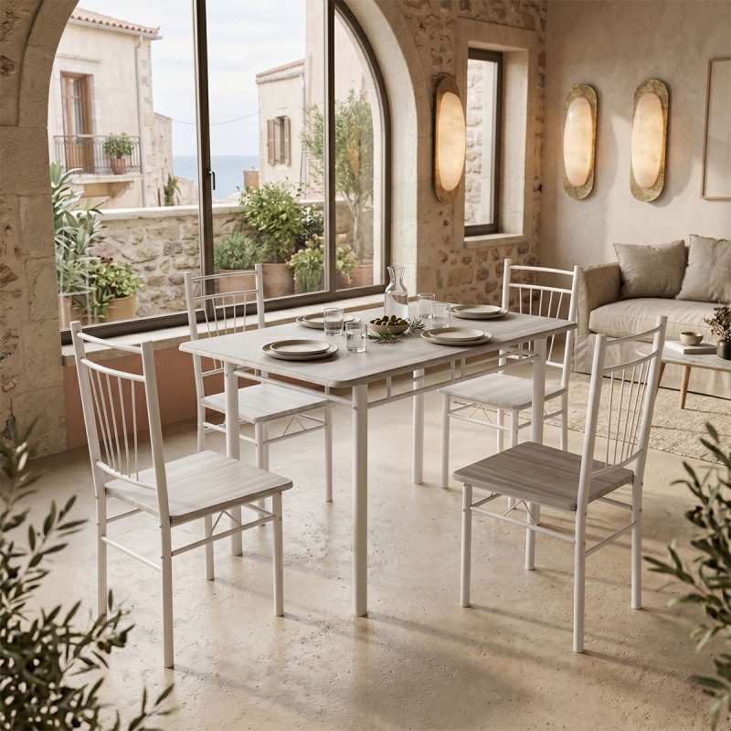 Τραπεζαρία Roza pakoworld σετ 5τμχ mdf sonoma με μεταλλικό λευκό πόδι 120x65x75εκ