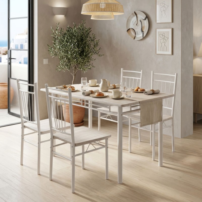 Τραπεζαρία Roza pakoworld σετ 5τμχ mdf sonoma με μεταλλικό λευκό πόδι 110x60x75εκ