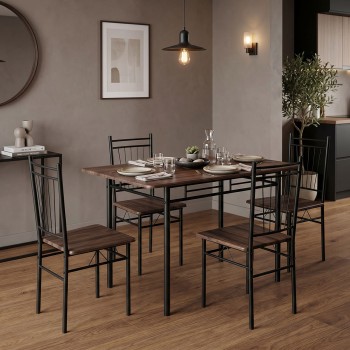 Τραπεζαρία Roza pakoworld σετ 5τμχ mdf καρυδί με μεταλλικό μαύρο πόδι 110x60x75εκ