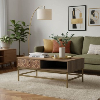 Τραπέζι σαλονιού Brilo Inart καφέ-χρυσό ξύλο 101x59x43εκ