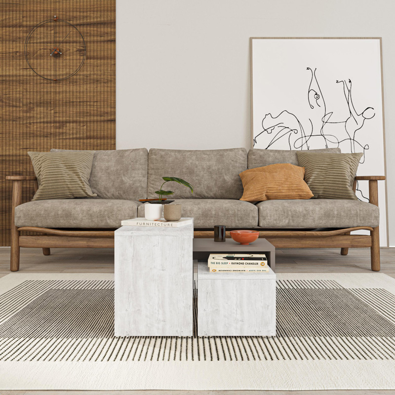 Τραπέζια σαλονιού Kantar pakoworld σετ 3τεμ σε λευκό antique - μόκα απόχρωση 65x30x39εκ