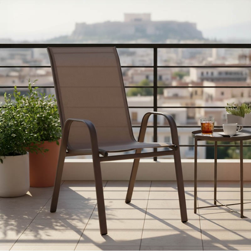 Πολυθρόνα Calan pakoworld μέταλλο σκούρo καφέ-textilene καφέ 54x74x91εκ