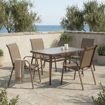 Τραπεζαρία Ensure-Calan pakoworld σετ 5τεμ μέταλλο-γυαλί καφέ 140x80x70εκ