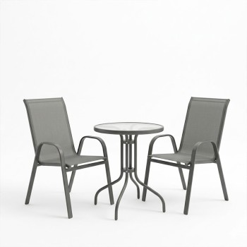 Tραπεζαρία Calan-Watson pakoworld σετ 3τεμ μέταλλο γκρι και γυαλί tempered Φ60x70εκ