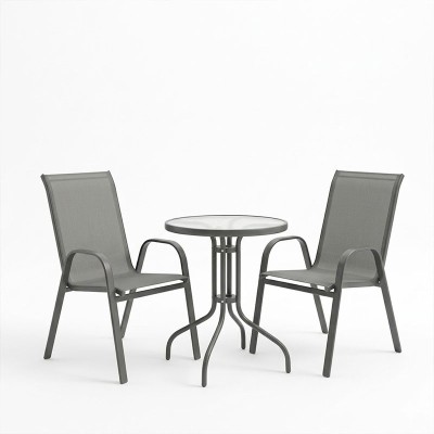 Tραπεζαρία Calan-Watson pakoworld σετ 3τεμ μέταλλο γκρι και γυαλί tempered Φ60x70εκ