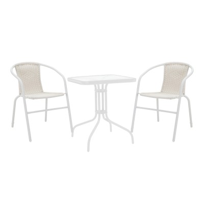 Τραπεζαρία Watson-Obbi pakoworld σετ 3τεμ μέταλλο λευκό- γυαλί 70x70x70εκ