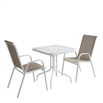 Τραπεζαρία Watson-Calan pakoworld σετ 3τεμ μέταλλο λευκό- γυαλί 70x70x70εκ