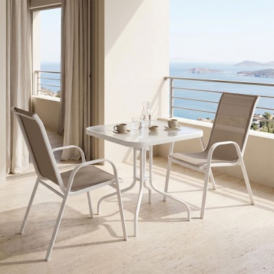 Τραπεζαρία Watson-Calan pakoworld σετ 3τεμ μέταλλο λευκό- γυαλί 70x70x70εκ