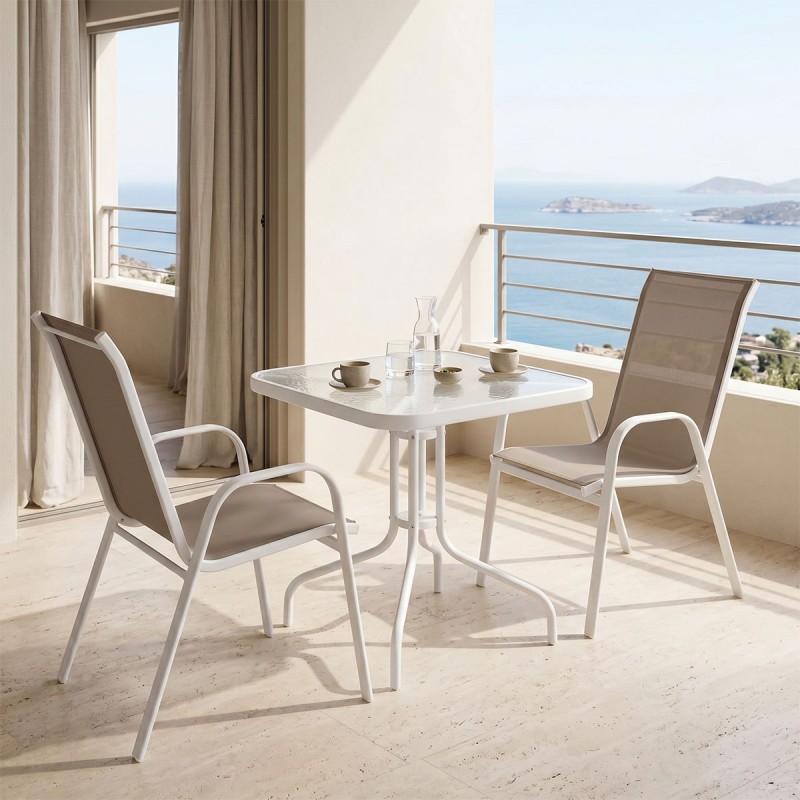 Τραπεζαρία Watson-Calan pakoworld σετ 3τεμ μέταλλο λευκό- γυαλί 70x70x70εκ