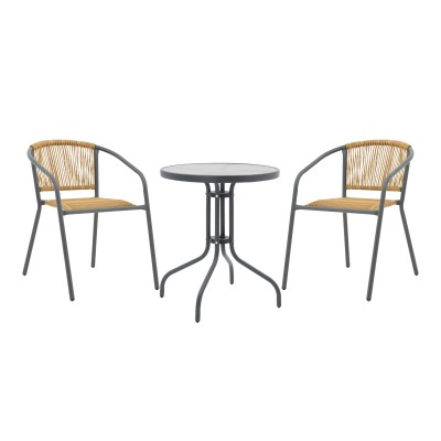 Tραπεζαρία Watson-Lindaria pakoworld σετ 3τεμ μέταλλο ανθρακί-γυαλί- pe rattan σε φυσική απόχρωση Φ60x70εκ