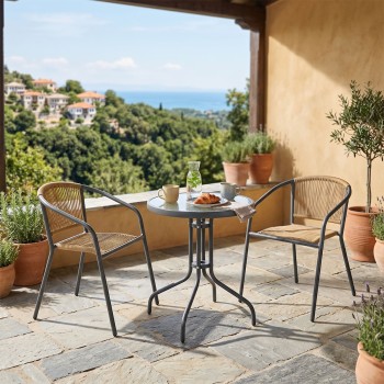 Tραπεζαρία Watson-Lindaria pakoworld σετ 3τεμ μέταλλο ανθρακί-γυαλί- pe rattan σε φυσική απόχρωση Φ60x70εκ