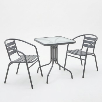 Τραπεζαρία Watson-Tade pakoworld 3τεμ μέταλλο ανθρακί-γυαλί 70x70x70εκ