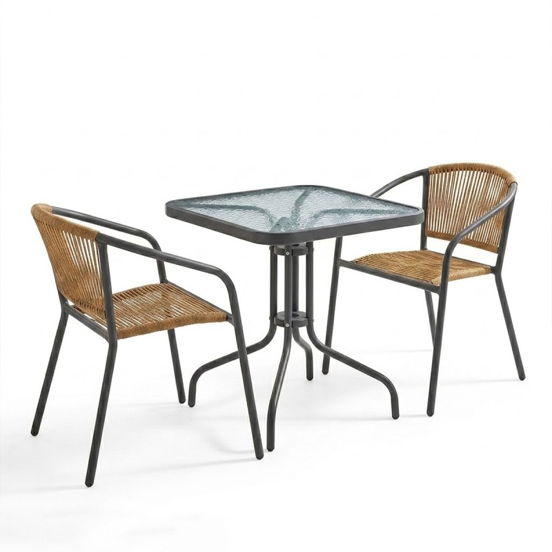 Τραπεζαρία Watson-Lindaria pakoworld 3τεμ μέταλλο ανθρακί-γυαλί και pe rattan σε φυσική απόχρωση 70x70x70εκ