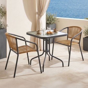 Τραπεζαρία Watson-Lindaria pakoworld 3τεμ μέταλλο ανθρακί-γυαλί και pe rattan σε φυσική απόχρωση 70x70x70εκ