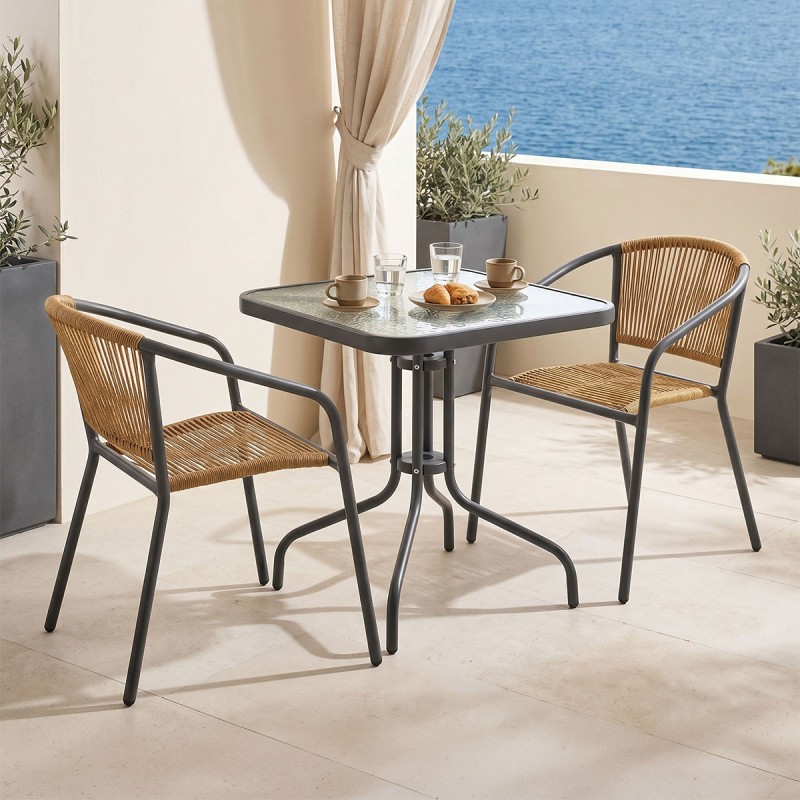 Τραπεζαρία Watson-Lindaria pakoworld 3τεμ μέταλλο ανθρακί-γυαλί και pe rattan σε φυσική απόχρωση 70x70x70εκ