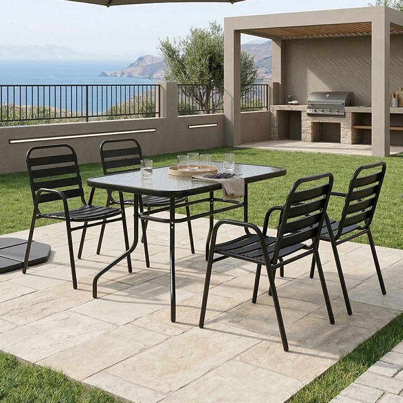 Τραπεζαρία Valor-Sussie pakoworld σετ 5τεμ μέταλλο μαύρο-γυαλί 110x60x70εκ