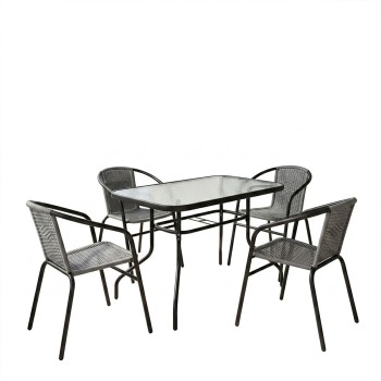 Τραπεζαρία Valor-Obbi pakoworld σετ 5τεμ μέταλλο μαύρο-γυαλί-pe γκρι 110x60x70εκ