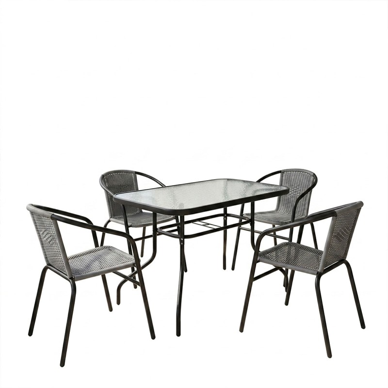 Τραπεζαρία Valor-Obbi pakoworld σετ 5τεμ μέταλλο μαύρο-γυαλί-pe γκρι 110x60x70εκ