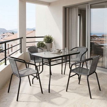Τραπεζαρία Valor-Obbi pakoworld σετ 5τεμ μέταλλο μαύρο-γυαλί-pe γκρι 110x60x70εκ
