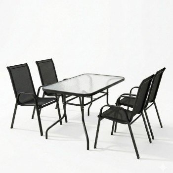 Τραπεζαρία Valor-Calan pakoworld σετ 5τεμ μέταλλο μαύρο-γυαλί-textilene μαύρο 110x60x70εκ