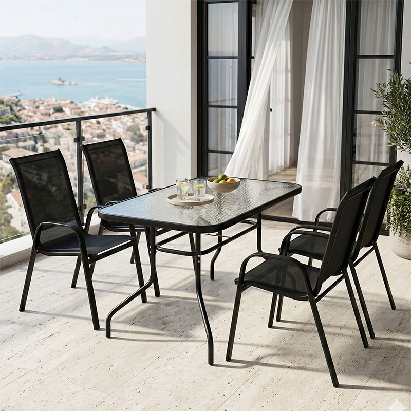 Τραπεζαρία Valor-Calan pakoworld σετ 5τεμ μέταλλο μαύρο-γυαλί-textilene μαύρο 110x60x70εκ