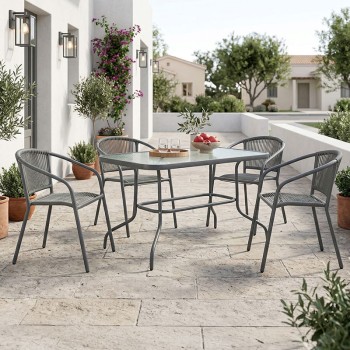 Τραπεζαρία Valor-Lindaria pakoworld σετ 5τεμ μέταλλο ανθρακί-γυαλί-pe rattan 110x60x70εκ