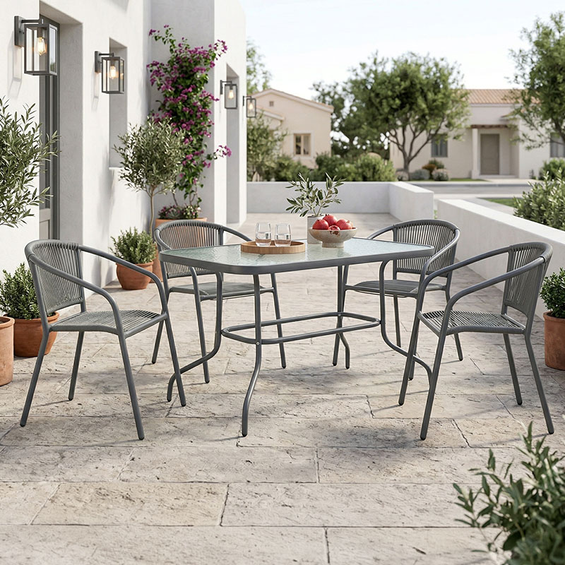 Τραπεζαρία Valor-Lindaria pakoworld σετ 5τεμ μέταλλο ανθρακί-γυαλί-pe rattan 110x60x70εκ