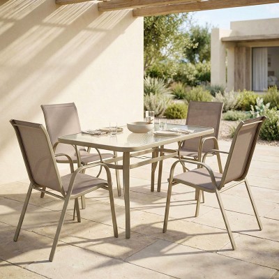 Τραπεζαρία Ensure-Calan pakoworld 5τεμ μέταλλο-γυαλί σε σαμπανιζέ απόχρωση 140x80x70εκ