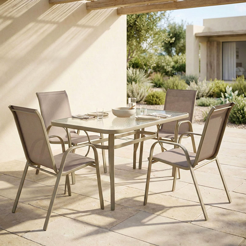 Τραπεζαρία Ensure-Calan pakoworld 5τεμ μέταλλο-γυαλί σε σαμπανιζέ απόχρωση 140x80x70εκ