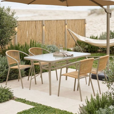 Τραπεζαρία Lindaria-Ensure pakoworld 5τεμ μέταλλο-γυαλί σε σαμπανιζέ απόχρωση 140x80x70εκ