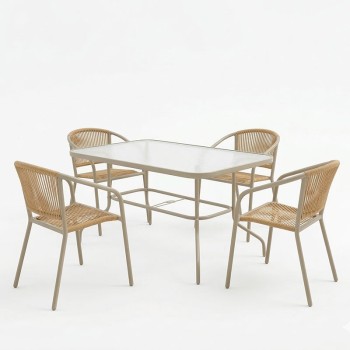 Τραπεζαρία Valor-Lindaria pakoworld σετ 5τεμ μέταλλο σε σαμπανιζέ και pe rattan σε φυσική απόχρωση 110x60x70εκ