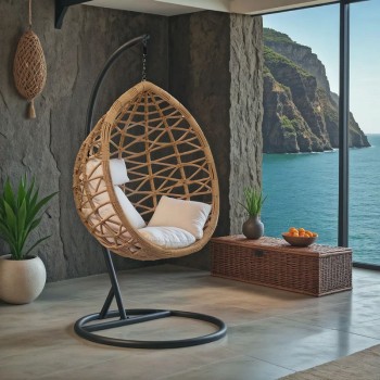 Κούνια Hudson pakoworld κρεμαστή μέταλλο μαύρο-pp φυσικό-μαξιλάρι μπεζ 109x119x195εκ