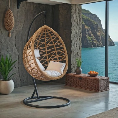 Κούνια Hudson pakoworld κρεμαστή μέταλλο μαύρο-pp φυσικό-μαξιλάρι μπεζ 109x119x195εκ