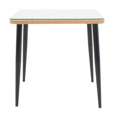 Τραπέζι Naoki pakoworld γυαλί-μέταλλο μαύρο-pe rattan σε φυσική απόχρωση 80x80x78εκ