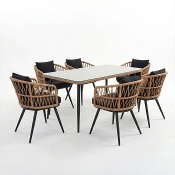 Τραπεζαρία Naoki σετ 7 τεμ pakoworld μέταλλο μαύρο-pe φυσικό-γυαλί 160x90x78εκ