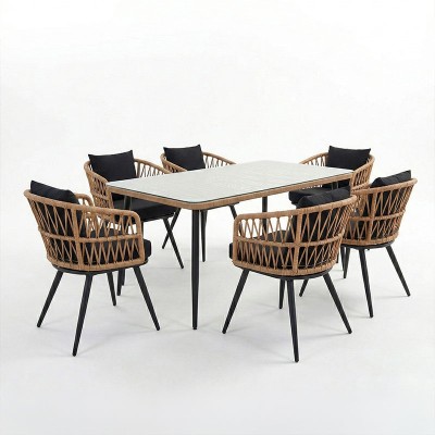 Τραπεζαρία Naoki σετ 7 τεμ pakoworld μέταλλο μαύρο-pe φυσικό-γυαλί 160x90x78εκ